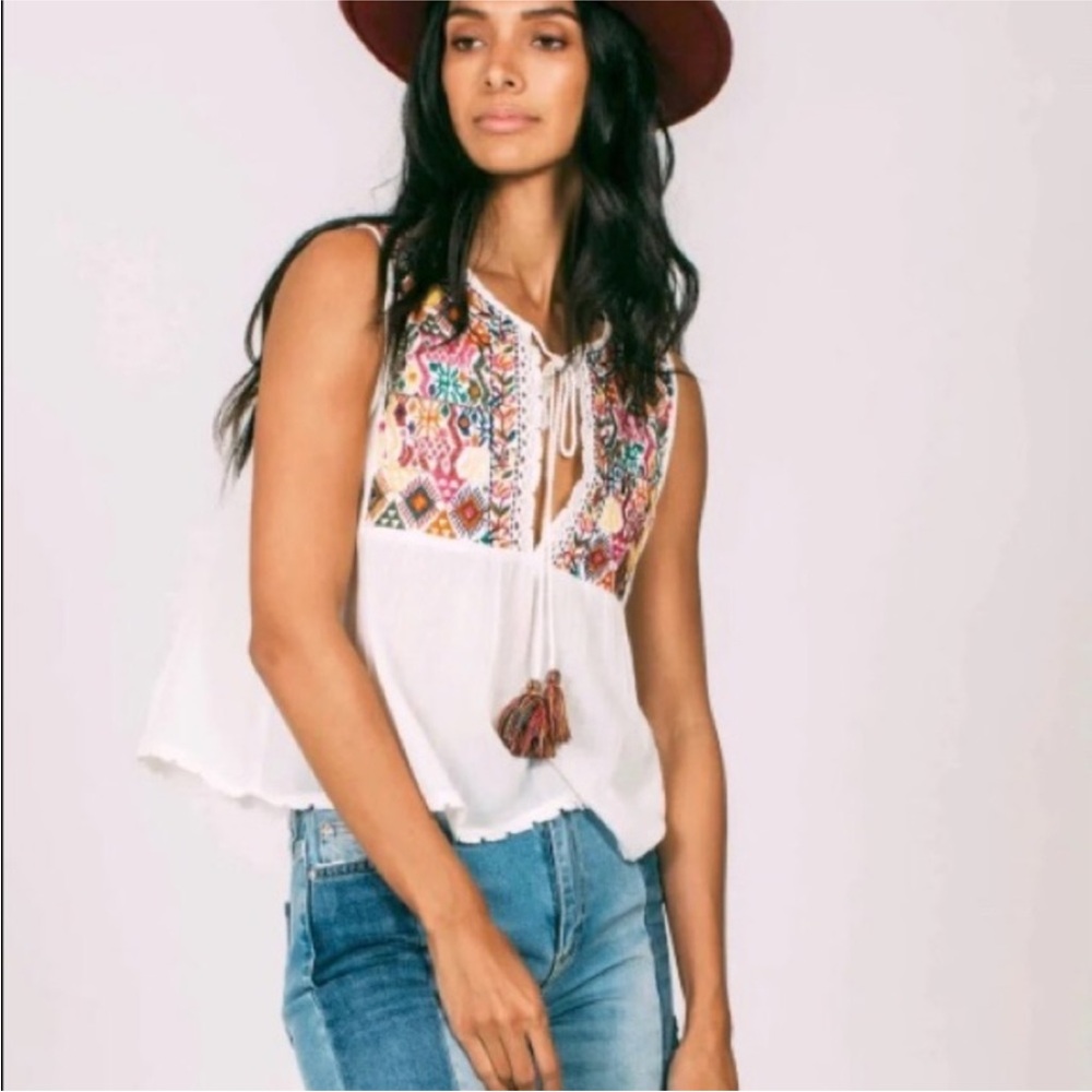 Free People White Multicolor Embroidered Tank Top